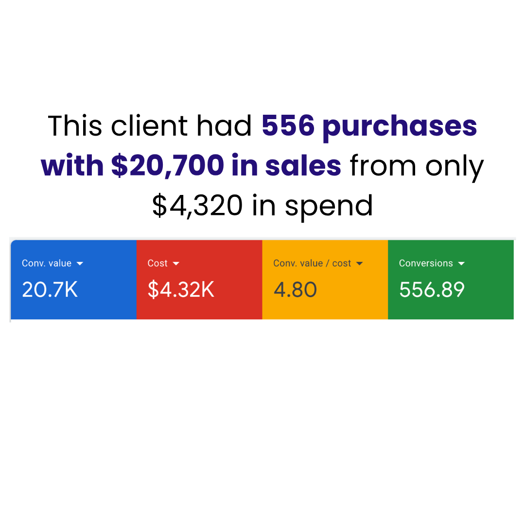 Real client result: 556 purchases, $20,700 in sales